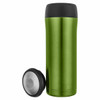 A green travel mug with a black lid and a removable base, featuring a sleek, stainless steel design.