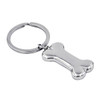A silver keychain featuring a bone-shaped charm attached to a sturdy ring.