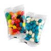 Two clear bags of jelly beans, featuring vibrant colours, including red, blue, green, orange, and white.