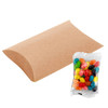 A pillow-shaped box with a clear bag of colourful jelly beans in various shades. The bag has a logo.