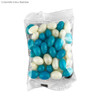 A clear bag filled with blue and white jelly beans, showcasing a mix of glossy and matte finishes.