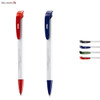 A set of plastic pens in red, blue, and three other colours, featuring a branding logo on the side.