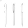 A white plastic pen featuring a smooth design and a clip, with a logo on its side.