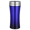 A travel mug in a sleek blue design with a stainless steel lid. It features a logo.