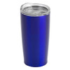 A travel mug in vibrant blue with a transparent lid and a sleek design. It features a logo on the side.