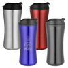 A collection of travel mugs in silver, blue, red, and black, each with a lid and one featuring a logo.