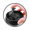 A travel mug lid with a black lever, designed for easy sipping and spill prevention. Features a logo.