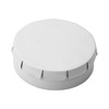 A round, white mint tin with a flat lid and a textured edge, featuring a logo.