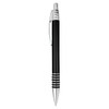 A black metal pen with chrome accents, featuring a textured grip and a clip. It has a branding logo.