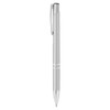 A sleek silver metal pen with a clip and a logo near the top. Its design features two decorative bands.