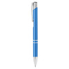 A blue metal pen with silver accents and a clip, featuring a sleek design. Includes a branding logo.