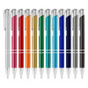 A collection of metal pens in silver, red, green, orange, blue, and black, featuring shiny finishes and branding.