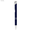 A navy blue metal pen with a silver clip and accents, featuring a logo.