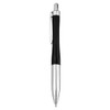 A metal pen with a black body and silver accents, featuring a clip and a shiny chrome tip.