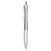 A metal pen with a sleek silver body and clear grip, featuring a shiny clip and click mechanism.