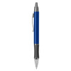 A blue metal pen with a silver clip and a black grip, featuring a branding logo.