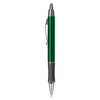 A green metal pen with a silver clip and details, featuring a black grip area and a logo.