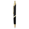 A sleek black metal pen with gold accents and a clip, featuring a simple logo on the side.