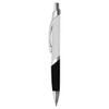 A metal pen featuring a sleek silver body with black accents and a chrome clip. It includes a branding logo.