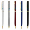 Set of four metal pens in white, silver, burgundy, navy, and black, featuring a logo on each.