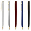A collection of "Berlino Metal Gold" pens in white, silver, burgundy, navy, and black with gold accents. Each pen features a clip and logo.