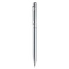 A metal pen in a sleek silver design, featuring a clip and a glossy finish.