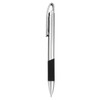 A sleek silver metal pen with a black grip and a clip for easy attachment. It features a logo on its body.
