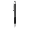 A metal pen in black with a chrome clip and silver accents, featuring a rubber grip.