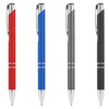A collection of metal pens in red, blue, grey, and black, each featuring a clip and a logo.