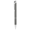 A grey metal pen with a shiny silver clip and accents, featuring a logo.
