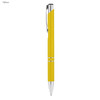 A yellow metal pen with a sleek design and chrome accents, featuring a branding logo.