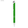 A light green metal pen with a shiny silver tip and clip, featuring a branding logo.