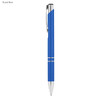 A royal blue metal pen with a chrome clip and accents, featuring a sleek design and branding.