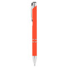 A metal pen in vibrant orange with silver accents and a clip, featuring a branding logo.