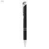 A black rubberised metal pen with silver accents and a clip. Features a sleek design and a branding logo.