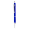 A metal pen in a vibrant blue colour with silver accents and a textured grip. It features a clip and a logo.