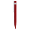 A red metal pen with a silver clip and detailing, featuring a sleek design and a branding logo.
