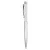 A sleek metal pen in white and silver, featuring a textured grip and a clip. It has a logo on the side.