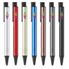 A collection of metal pens in silver, gold, red, blue, rose gold, black, and grey, each featuring a logo.