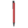 A metal pen in a vibrant red colour featuring a black tip and clip, with a textured grip section.