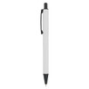 A metal pen with a sleek white body and a black tip, featuring a clip and a branding logo.