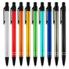 A set of metal pens in various colours including silver, red, orange, green, blue, and black, with branding.