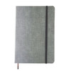 A5 textured PU notebook in grey with a black elastic band closure and a ribbon bookmark, featuring a logo on the cover.