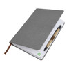 A5 textured grey PU notebook with a pen, featuring a brown elastic band and a logo on the inside.