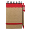 A recyclable paper jotter pad in brown with a red binding and a pen attached. It has a logo on the front.