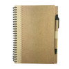 A brown recycled paper notebook with a spiral binding and a black pen attached, featuring a textured cover.