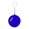 A blue wind poncho packed in a spherical case with a clip for easy attachment. Features a logo on the case.