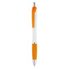 A plastic pen with a white body and orange grip, featuring a shiny silver clip and tip. It has a logo on the body.