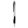 A plastic pen in white with a black grip and clip, featuring a logo on the barrel.