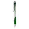 A plastic pen in white with green accents, featuring a clip and a smooth writing tip.